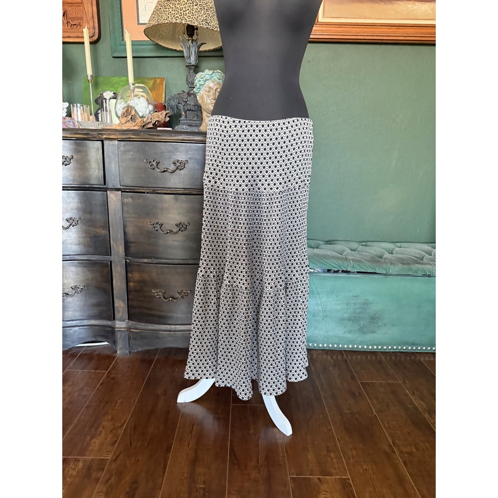 Alice Blue Geometric Diamond Print Tiered Maxi Skirt Black White Tan XL Boho